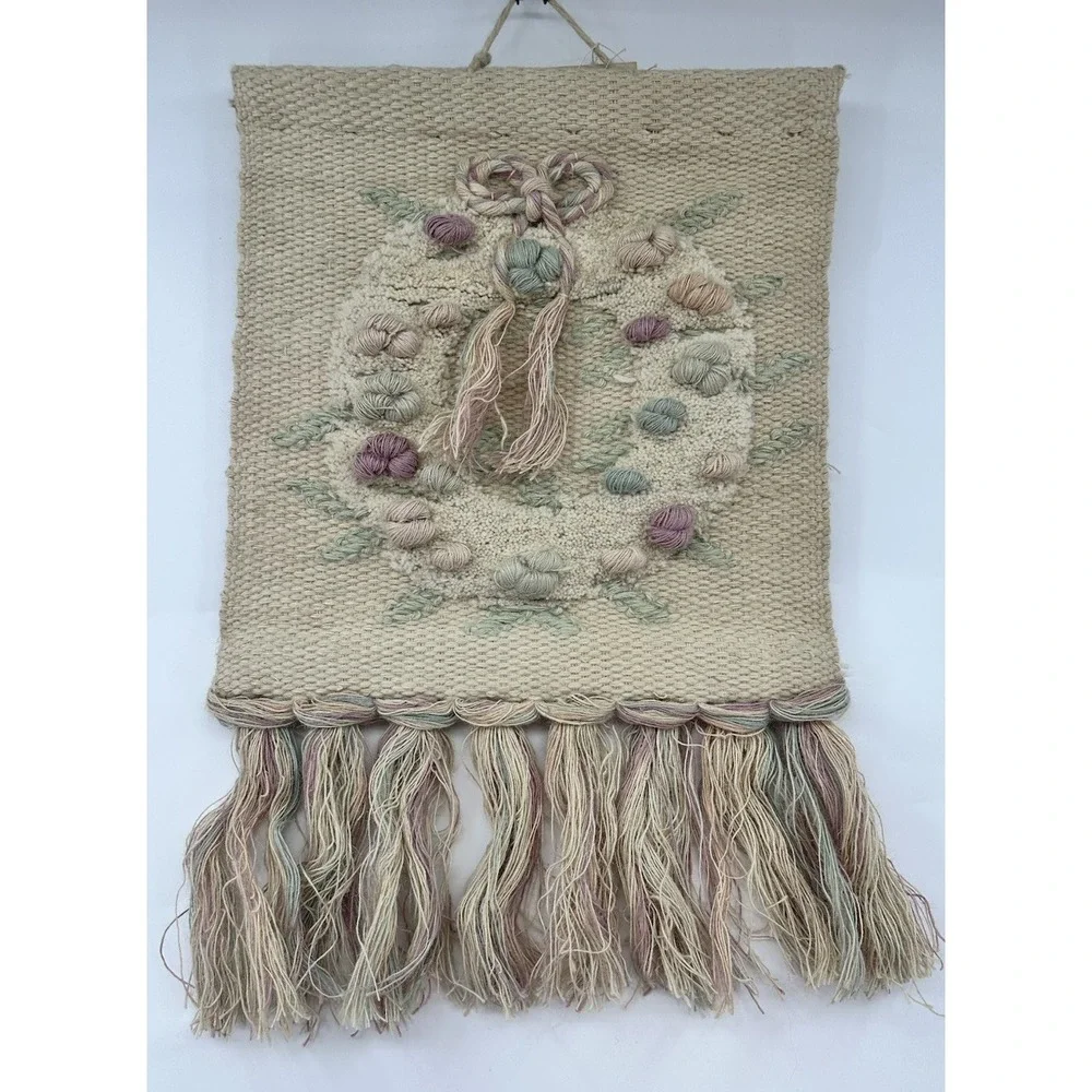 Vintage India Wall Hanging Woven Jute Textured Wreath Tapestry 23
